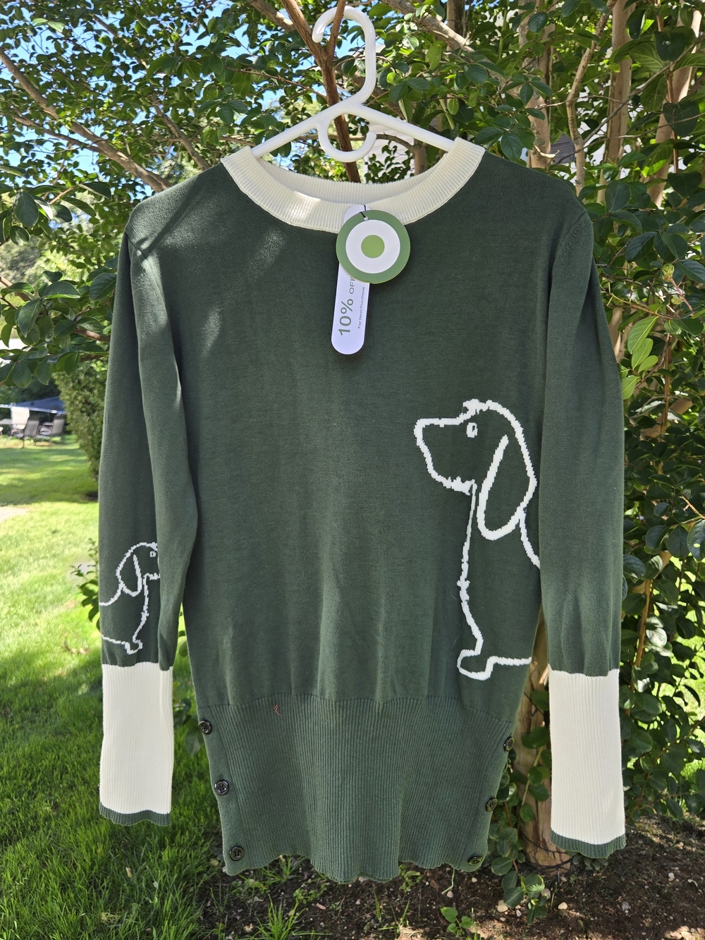 Green & Cream Dog Motif Knit Sweater Size L